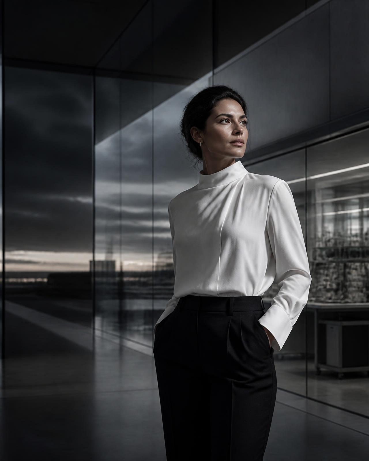 Portrait of placeholder founder Sofia Reyes in a glass research space